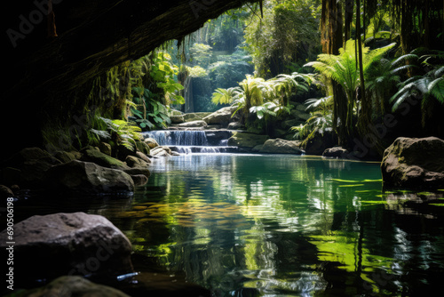 Secluded Rainforest Waterhole Amidst Lush Greenery