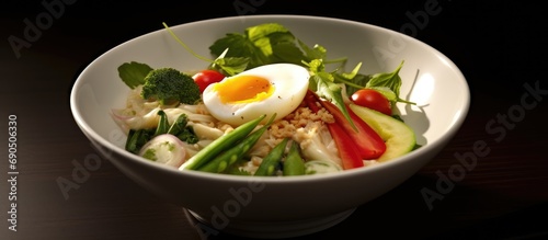 For a healthy dinner, indulge in a gourmet meal of natural, Thai-inspired cuisine featuring delicious vegetables, cheese, and eggs, as a flat and nutritious appetizer for your well-balanced diet.