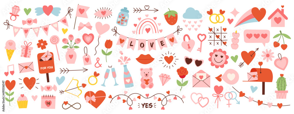 Cute happy valentines day set. Cartoon love romantic stickers elements with hearts. Hand drawn vector illustration - obrazy, fototapety, plakaty 