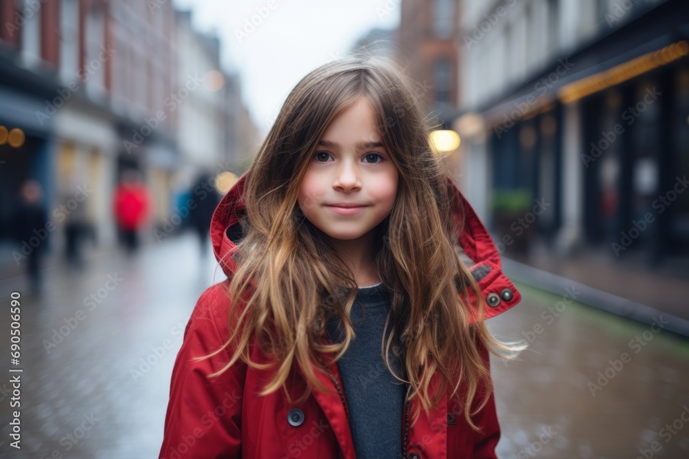 Portrait of a cute little girl in a red coat on the street.