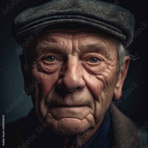 Close-up portrait of a contemplative elderly man with clear eyes and a traditional cap against a dark background.