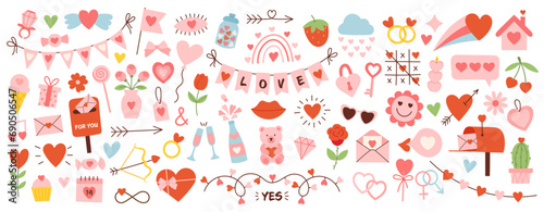 Cute happy valentines day set. Cartoon love romantic stickers elements with hearts. Hand drawn vector illustration photo