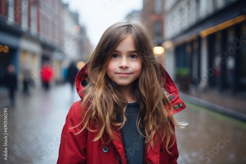Portrait of a cute little girl in a red coat on the street.