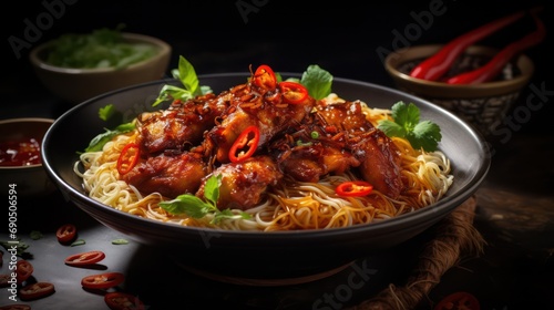 A bowl of Indonesian food bakmi ayam, chicken noodles with a sauce, topped with crispy shallots