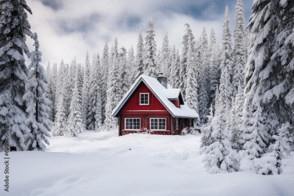 Cozy Winter Cabin Nestled in Snowy Landscape