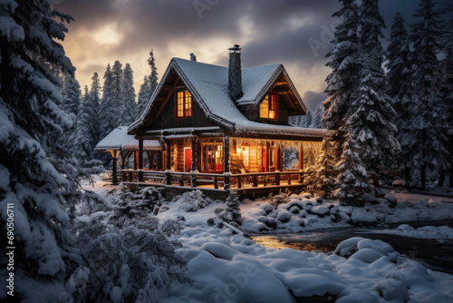 Cozy Winter Cabin Nestled in Snowy Landscape photo