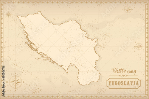 Map of Yugoslavia in the old style, brown graphics in retro fantasy style. photo