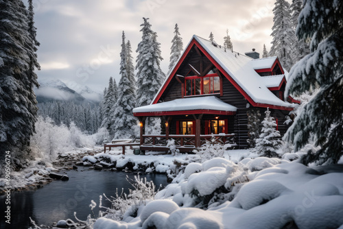 Cozy Winter Cabin Nestled in Snowy Landscape