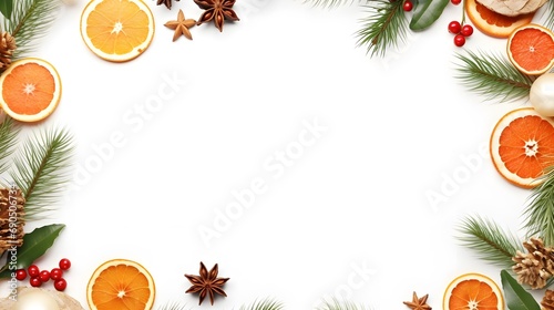 Creative christmas framei on white background. Xmas and New Year holiday  banner  postcard  invitation  celebration. Flat lay  top view