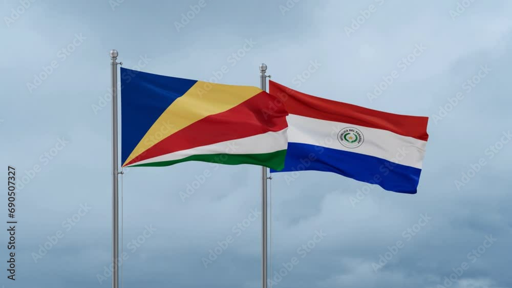 Paraguay flag and Seychelles flag waving together on cloudy sky, endless seamless loop, two country relations concept Paraguay flag and Seychelles flag waving together on cloudy sky, endless seamless loop, two country relations concept