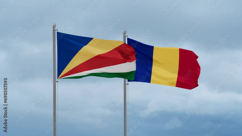 Romania and Seychelles flag waving together on cloudy sky, endless seamless loop, two country cooperation concept Romania and Seychelles flag waving together on cloudy sky, endless seamless loop, two country cooperation concept