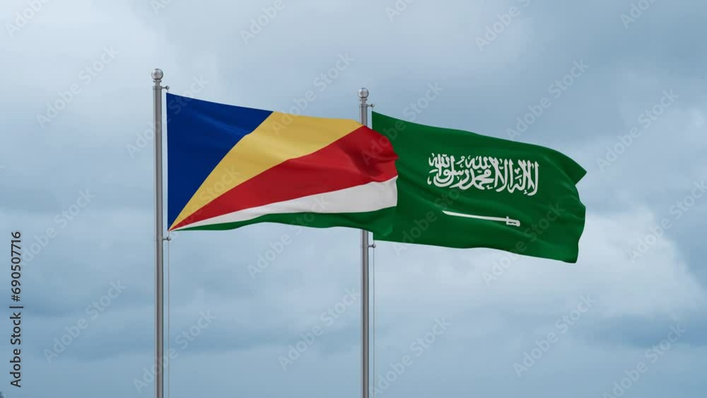 Seychelles and Saudi Arabia flags waving together on cloudy sky, endless seamless loop