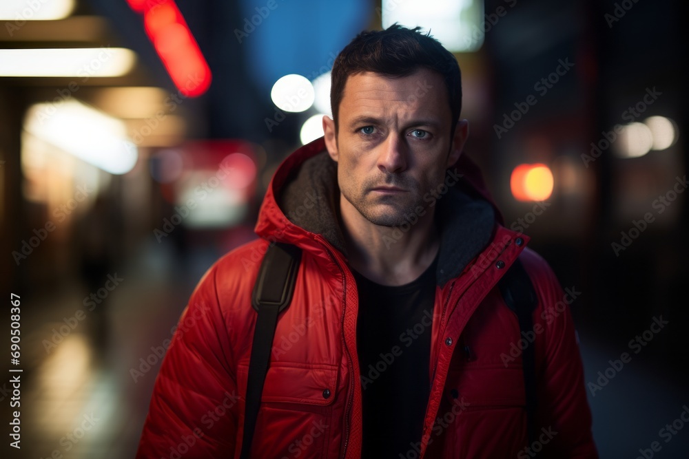 Portrait of a handsome man in a red jacket on a city street at night Portrait of a handsome man in a red jacket on a city street at night