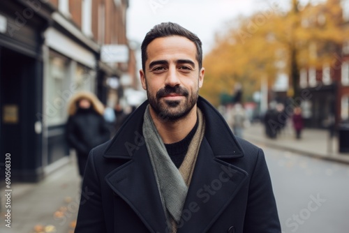 Portrait of a handsome bearded man in a coat and scarf in an urban context