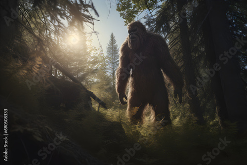 cinematic shot of bigfoot silhouette in the forest