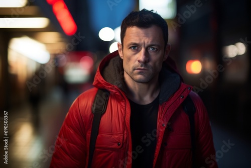 Portrait of a handsome man in a red jacket on a city street at night