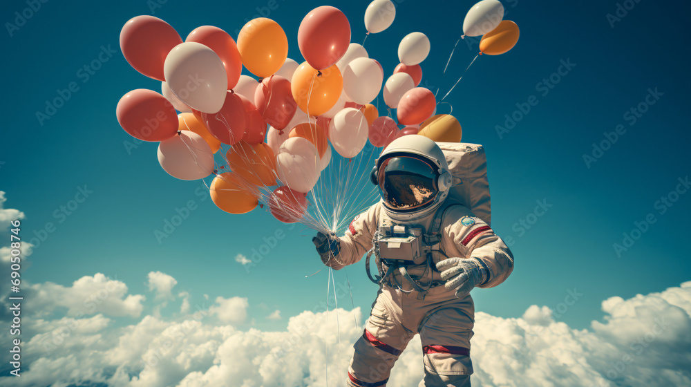 Astronaut flying in balloons - obrazy, fototapety, plakaty 