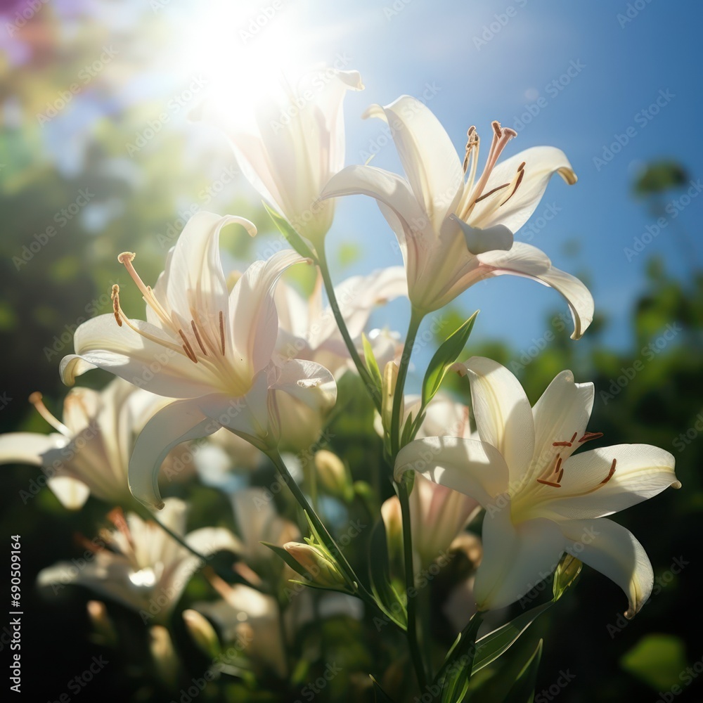 Obraz premium A beautifully captured photo of white orchids illuminated by sunlight, set against a blurred background