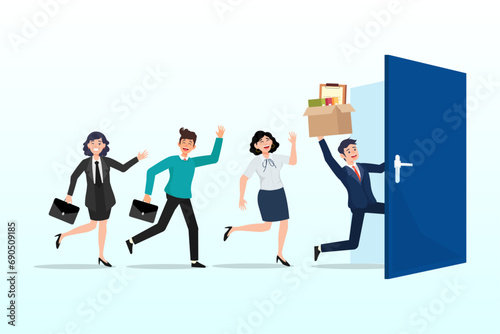 Business people employee resign and walk through exit door, great resignation, employee resign, quit or leaving company, people management or human resources problem (Vector)