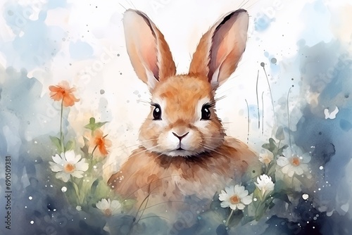Rabbit in a flower field, spring time watercolor texture illustration