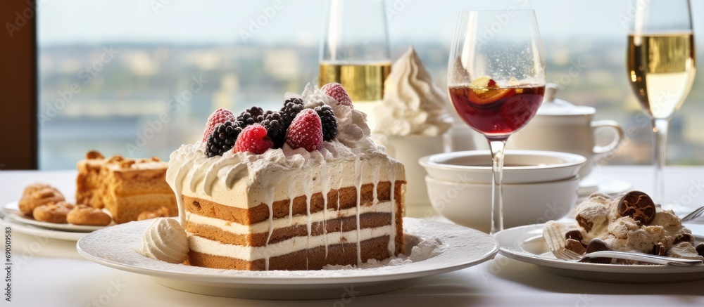 In a beautiful white restaurant, an isolated birthday celebration takes place with a stunning background. A delicious birthday cake sits on a plate, accompanied by a mouthwatering breakfast platter