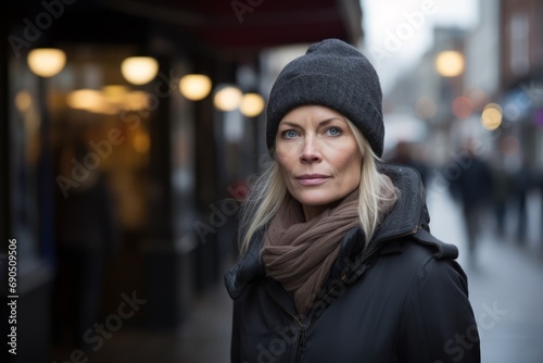 Portrait of mature woman in hat and scarf walking in city at night
