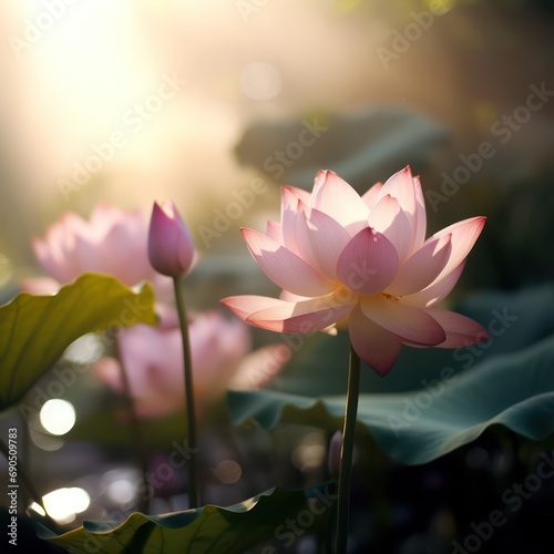 Blooming Lotus photo is captured beautifully in sunlight, with a blurred background © Matthew