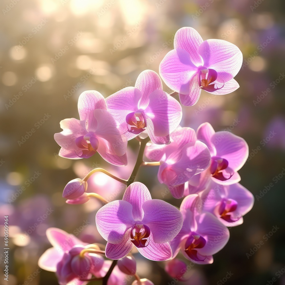A stunning picture of sunlit pink purple orchids with a gracefully blurred background. A stunning picture of sunlit pink purple orchids with a gracefully blurred background.