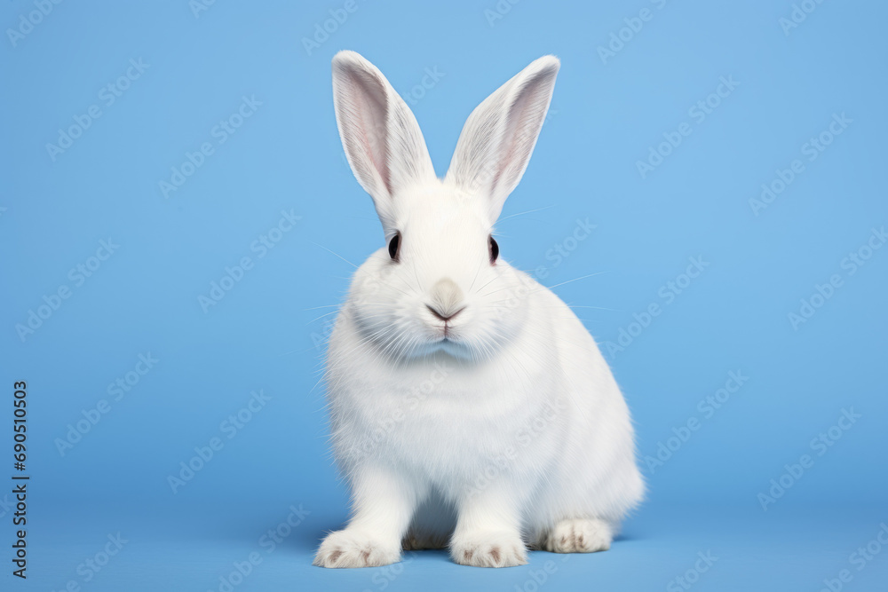 Close up photograph of a full body white rabbit isolated on a solid blue background
