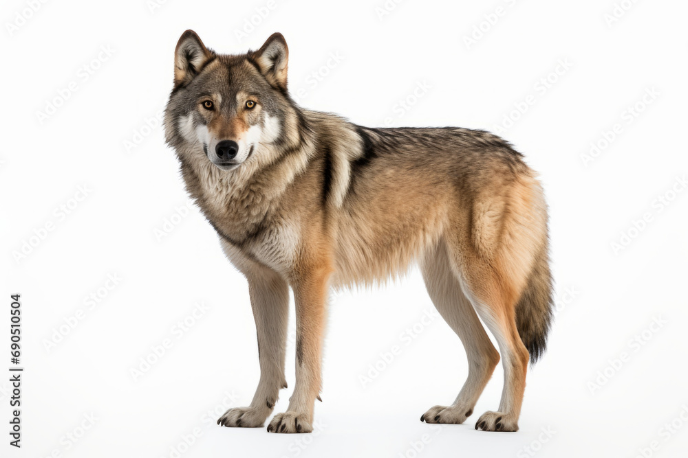 Close up photograph of a full body wolf isolated on a solid white background