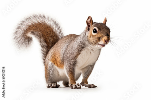 Close up photograph of a full body squirrel isolated on a solid white background