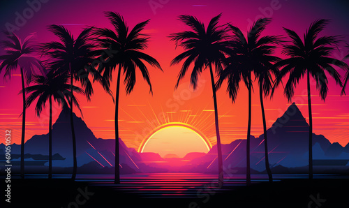 sunset on the beach with palm tree retro 80s background