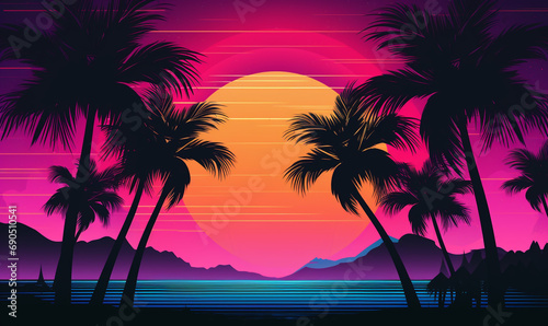 beach view with retro 80s background