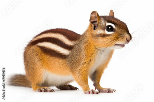 Close up photograph of a full body chipmunk isolated on a solid white background © Castle Studio