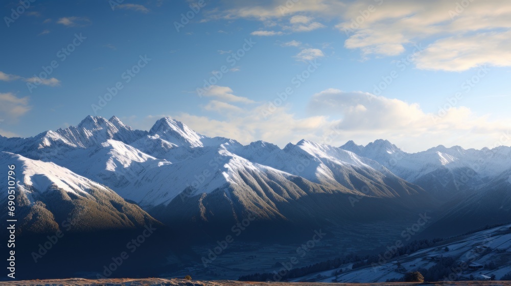  a view of a mountain range with snow on the top and a blue sky with white clouds in the background.