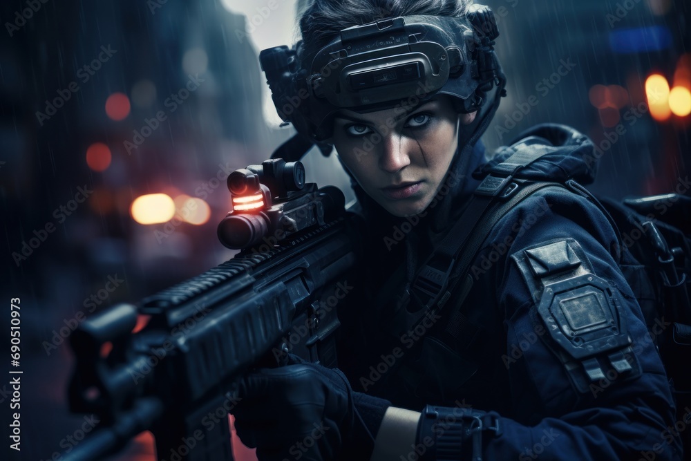 a woman in a futuristic suit holding a machine gun in the middle of a city at night with traffic lights in the background. a woman in a futuristic suit holding a machine gun in the middle of a city at night with traffic lights in the background.