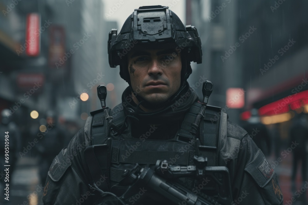 a man standing in the middle of a street wearing a helmet and holding a gun in one hand and a gun in the other hand. a man standing in the middle of a street wearing a helmet and holding a gun in one hand and a gun in the other hand.