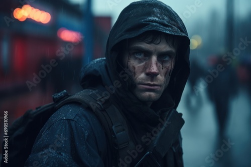  a man in a hooded jacket is standing in the rain with a gun in his hand and looking at the camera.