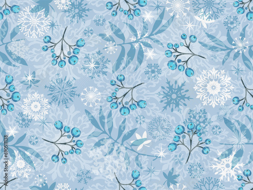 Vector Christmas seamless pattern with blue snowflakes, leaves, berries, stars