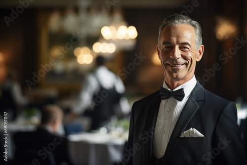 The Headwaiter welcomes wealthy guests in an expensive, sophisticated, modern restaurant. photo