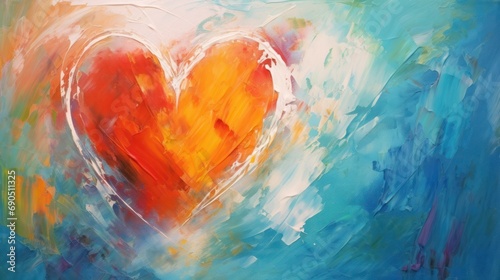  a painting of a red heart on a blue and green background with white swirls and a blue sky in the background.