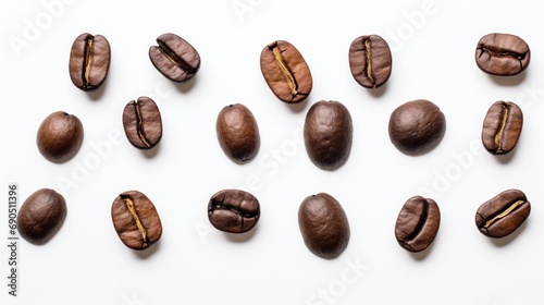  a bunch of coffee beans laid out in a row on a white surface with a yellow line in the middle.