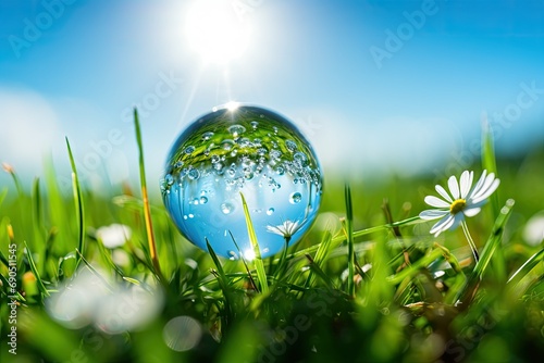 A raindrop illuminated by a sunny spring sun, against the background of blue sky, wildflowers and green grass.