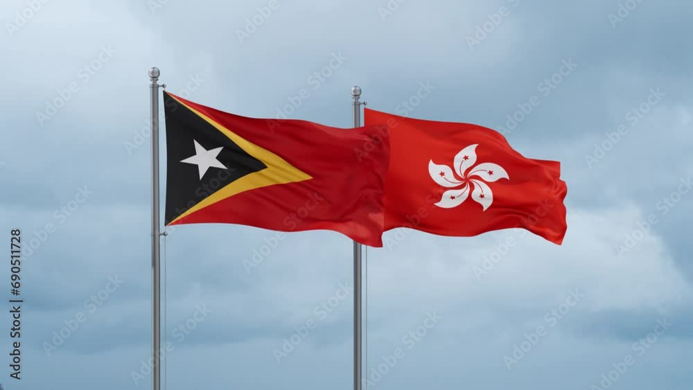 Hong Kong flag and Timor flag waving together on cloudy sky, endless seamless loop, two country relations concept