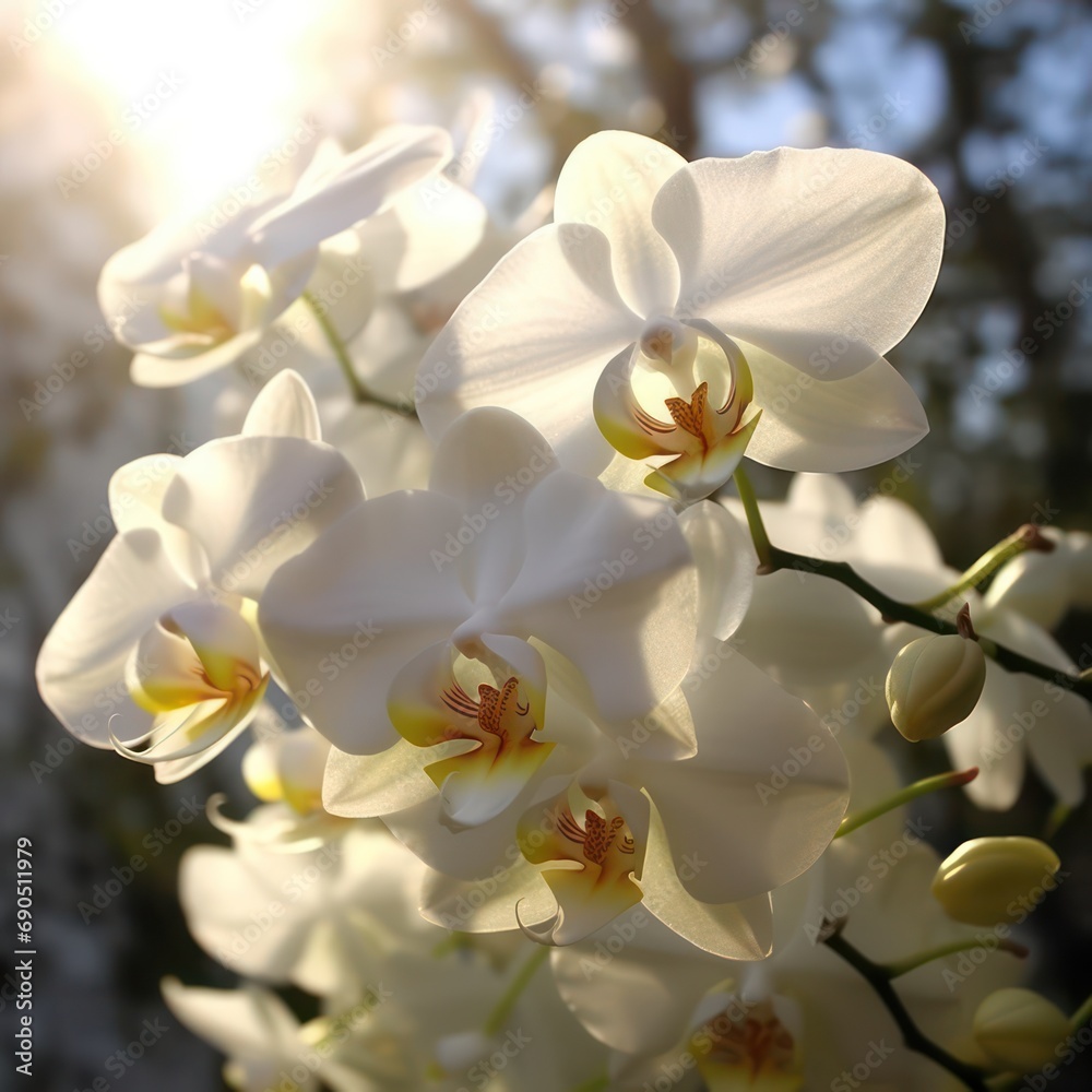 A beautiful White Orchid photo is captured beautifully in sunlight, with a blurred background A beautiful White Orchid photo is captured beautifully in sunlight, with a blurred background