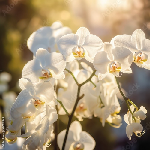 A beautiful White Orchid photo is captured beautifully in sunlight  with a blurred background