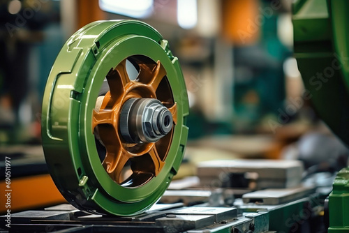 Photo of a detailed shot of a vibrant green mechanical wheel. Modern metal processing at an industrial enterprise. Manufacturing of high-precision parts and mechanisms.