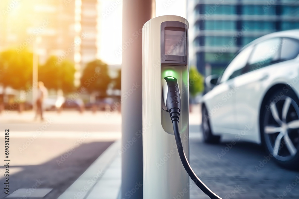 Fast charging stations for electric vehicles on a city street. Charging station for cars with illumination. Available charging for electric vehicles. Fast charging stations for electric vehicles on a city street. Charging station for cars with illumination. Available charging for electric vehicles.