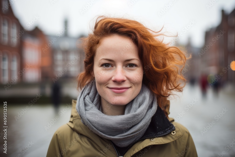 Portrait of a red-haired woman in the city center.