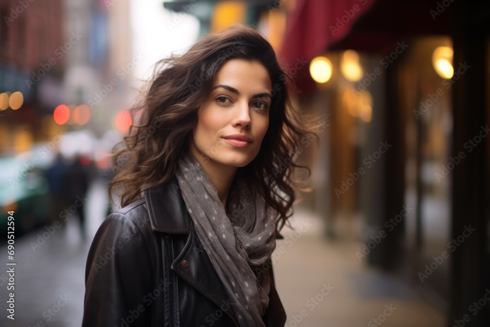 Portrait of beautiful young woman with long curly hair in the city